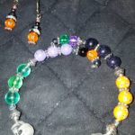 A bracelet and earrings set with various colors of beads.