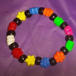 A bracelet made out of candy is shown.