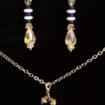 A necklace and earrings set with clear beads.